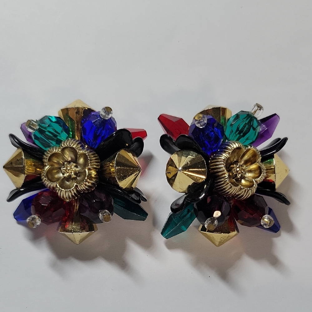Multicolor Floral Crystal Cluster Clip-On Earrings